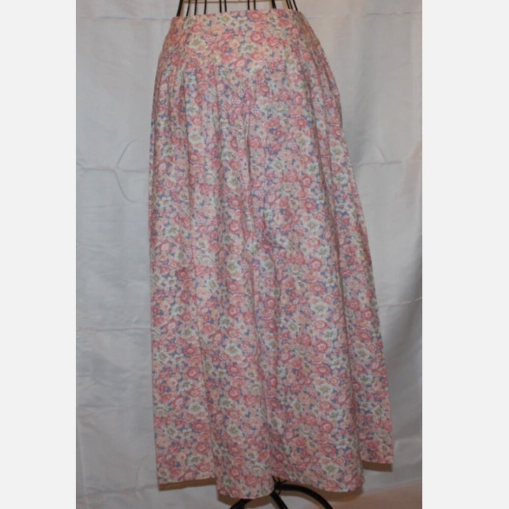 Pink Blue Floral Flared Skirt XS 26" Waist Cotton Blend Side Zipper Vintage 80's